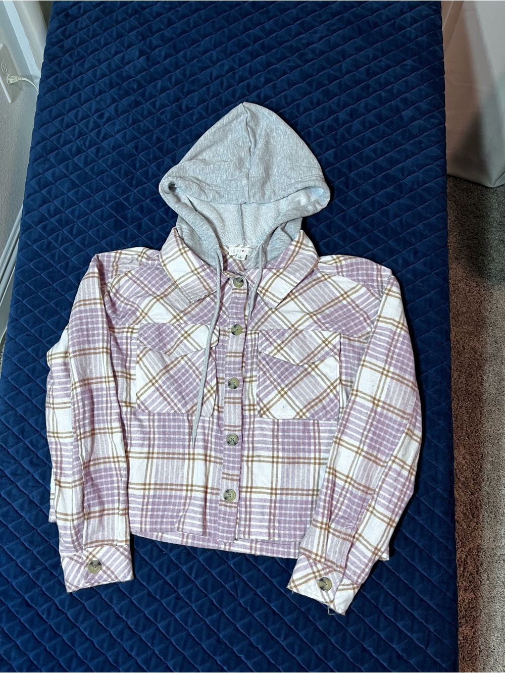 Ultra Flirt Lavender and Cream Plaid Hooded Button-Up Shirt - Flannel/ Hoodie